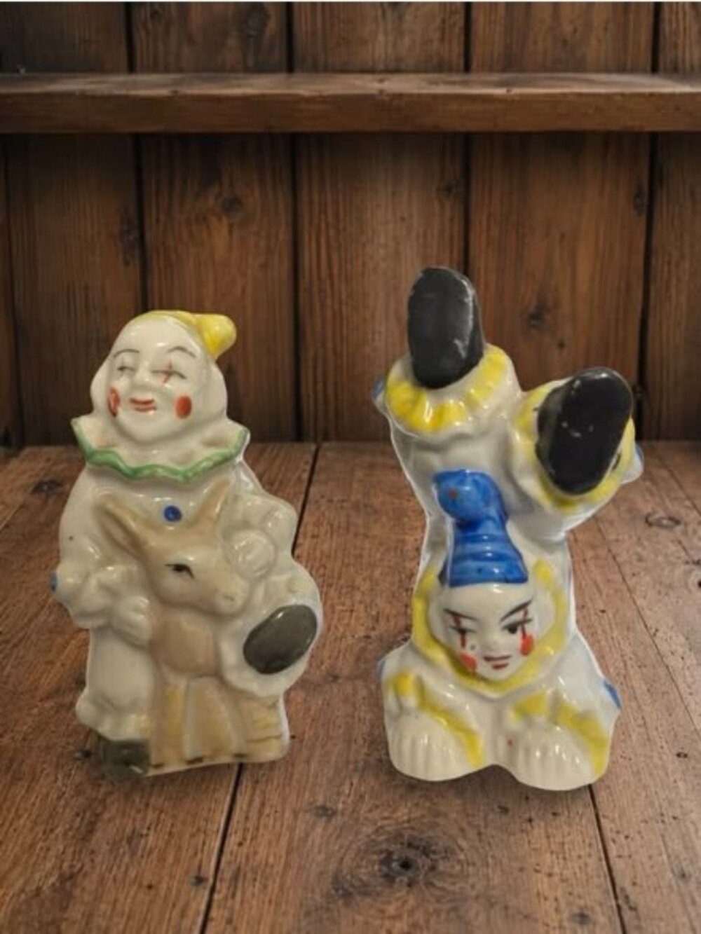 Vintage Ceramic Clown Figurines Salt & Pepper Shakers Hand-Painted Japan Polka D